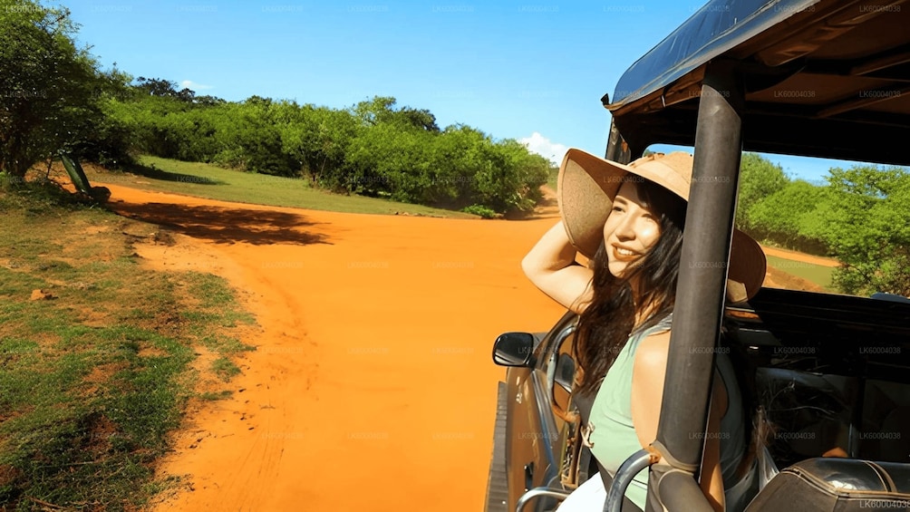 A person in a safari vehicle with a dirt road and greenery in the background. 1
