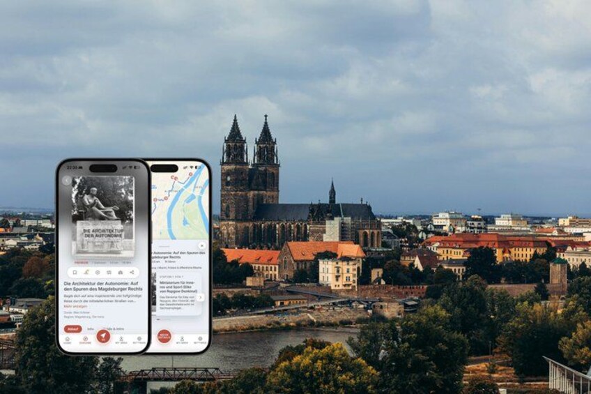 A smartphone displaying a map and an article about architecture. In the background, there is a historic church with two towers and a river. 1
