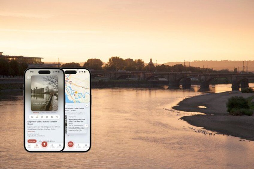 A river with a bridge and two smartphones displaying a map and information about the Empire of Gran's Buffalo's Steel & Stone. 1