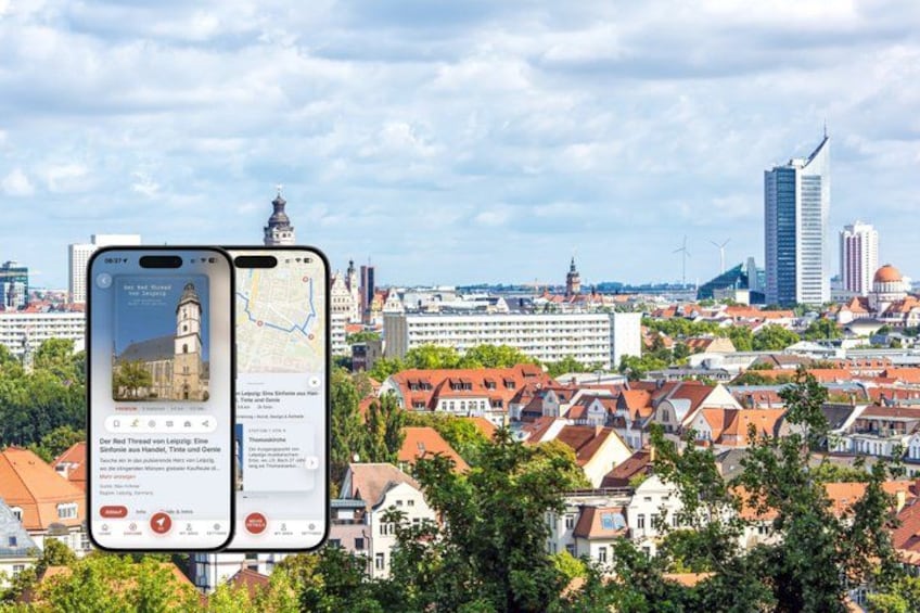 A smartphone displaying a map with a cityscape in the background. 1