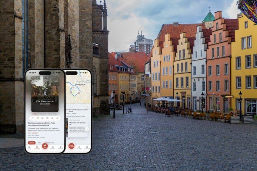 A smartphone displaying a map with a location marked 'Die Geometrie des Exils' and a cobblestone street lined with colorful buildings. 1