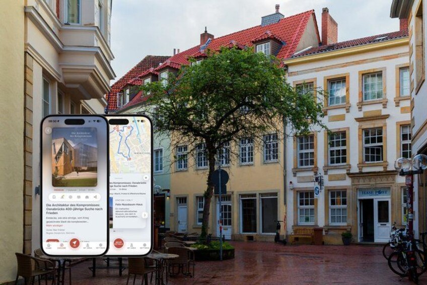 A smartphone displaying a map and a photo of a building. 1