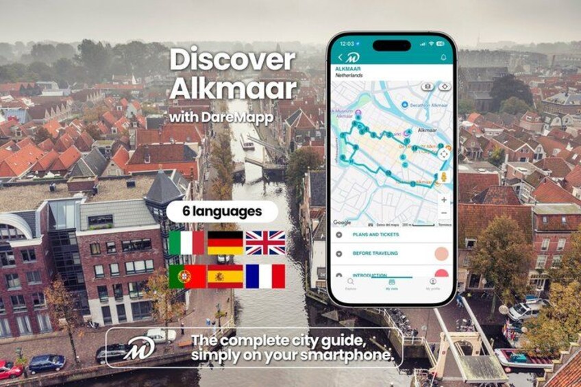 A smartphone displaying a map of Alkmaar with a city guide overlay, flags of six languages, and a view of Alkmaar's townscape. 1