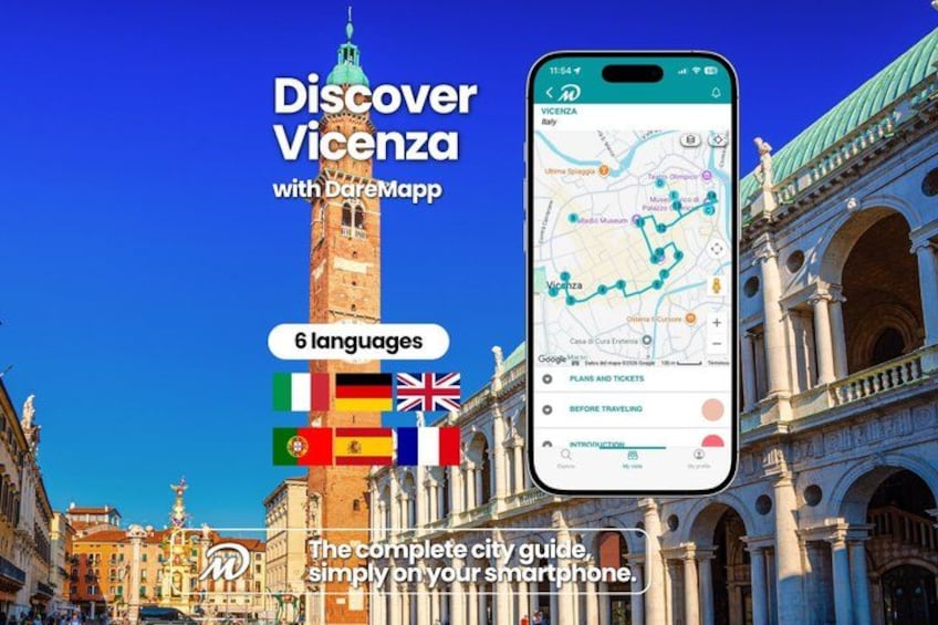 A smartphone displaying a map of Vicenza, Italy, with a prominent clock tower in the background. 1