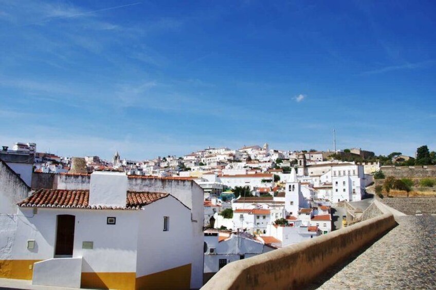 A coastal town with white buildings, a stone wall, and a clear blue sky. 5