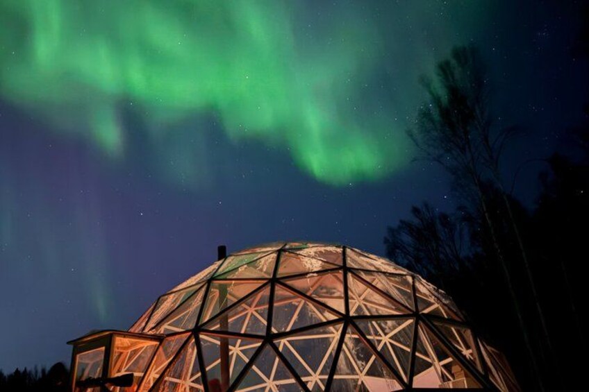 A geodesic dome structure under a night sky with green aurora borealis. 1