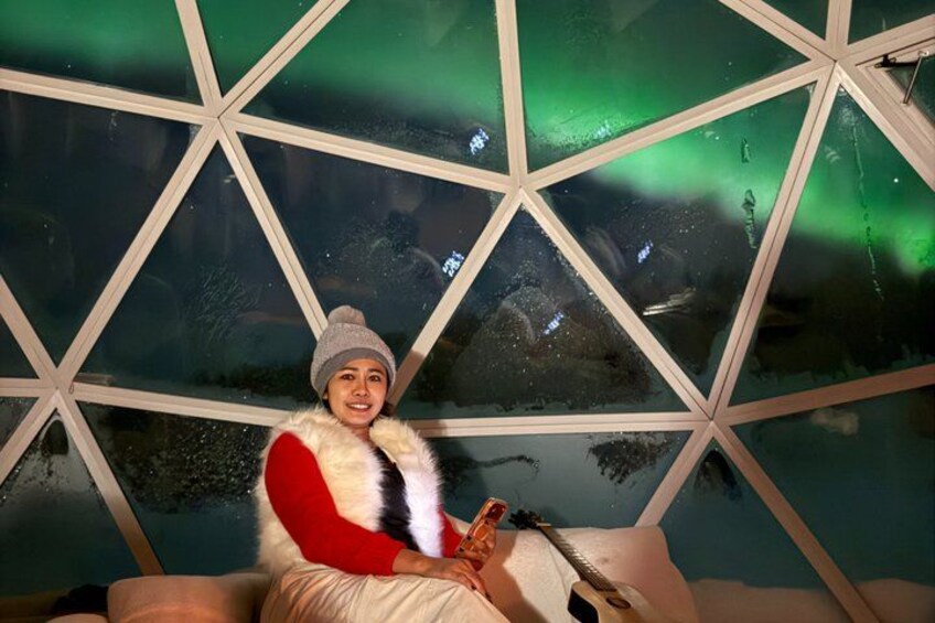 A person sitting inside a geodesic dome structure with a view of the aurora borealis. 2