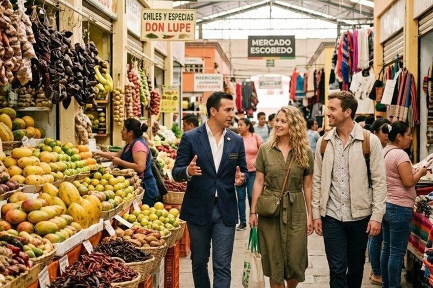 A market with people shopping and vendors selling fruits and vegetables. 5
