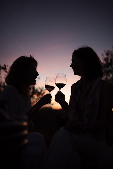 Two people sitting outdoors at sunset, holding wine glasses. 4