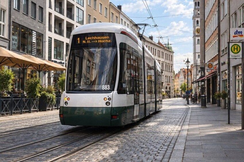 A tram with route number 1 heading to Lechhausen and Hochz. 2