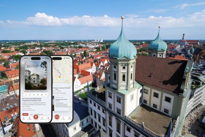 A cityscape with a prominent church with green domes, a smartphone displaying a map and information about the church, and a view of the surrounding urban area. 1