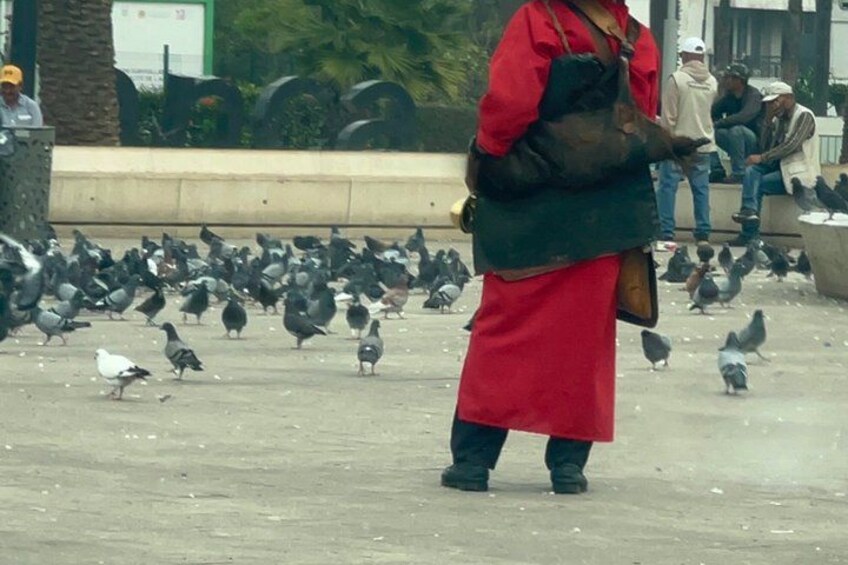 A person in a red coat and black hat standing in a public square with pigeons scattered around. 4
