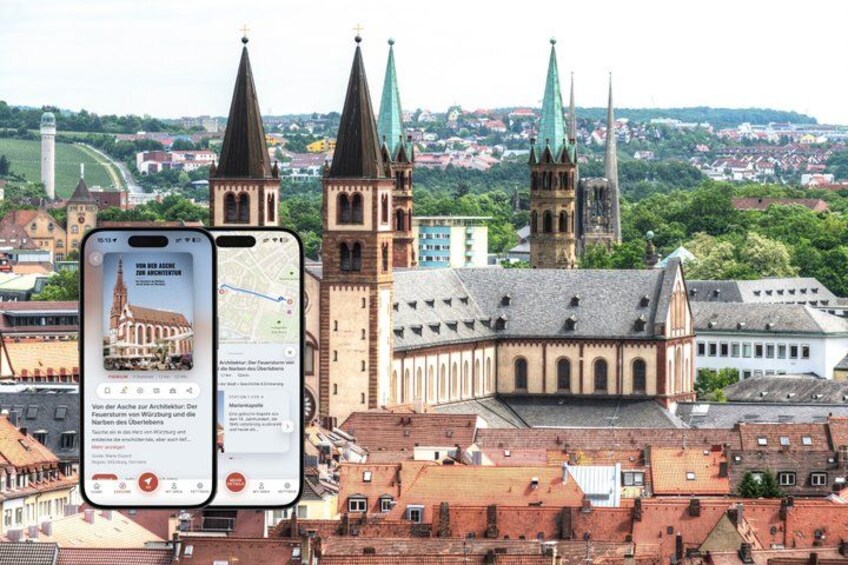 A cityscape with a prominent church and two spires, and a smartphone displaying a map and information about the architecture. 1