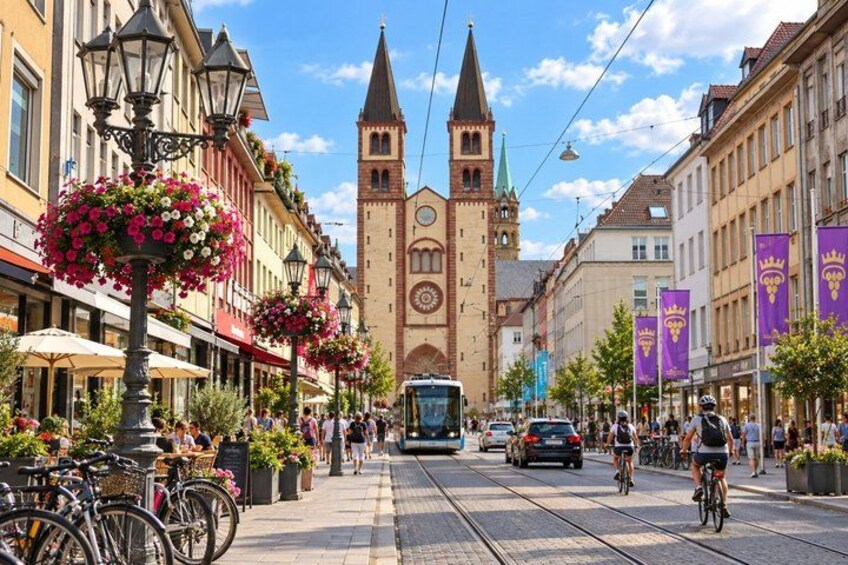 A street with a tram, bicycles, and pedestrians. 2