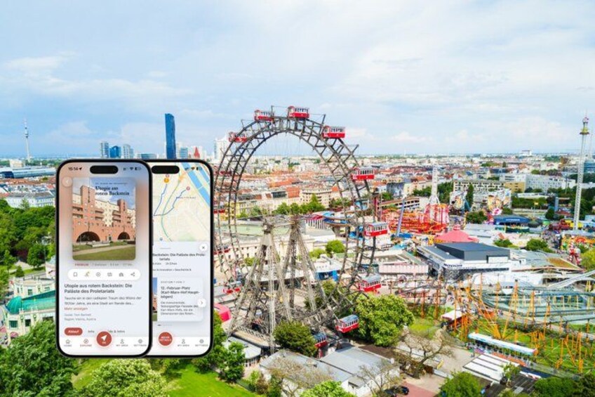 A cityscape with a large Ferris wheel and a smartphone displaying a map. 1