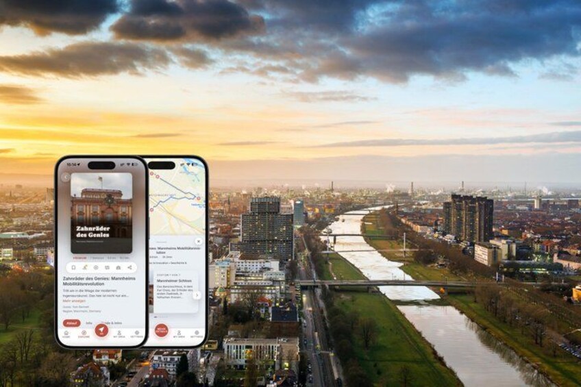 A smartphone displaying a map with a river and buildings in the background. 1