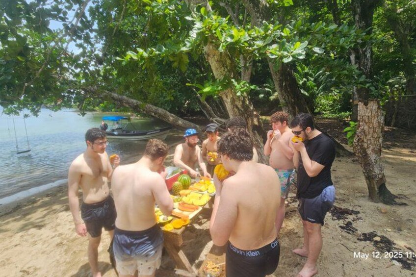 A group of people gathered around a table with food, near a beach with trees and a boat in the background. 2