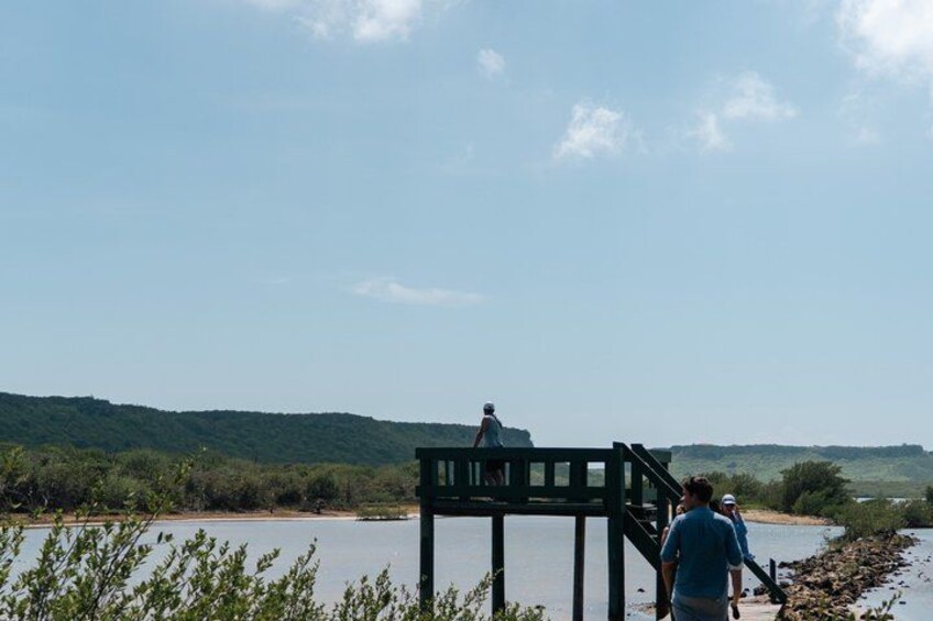 A wooden observation deck with a statue, overlooking a river and hilly landscape. 5