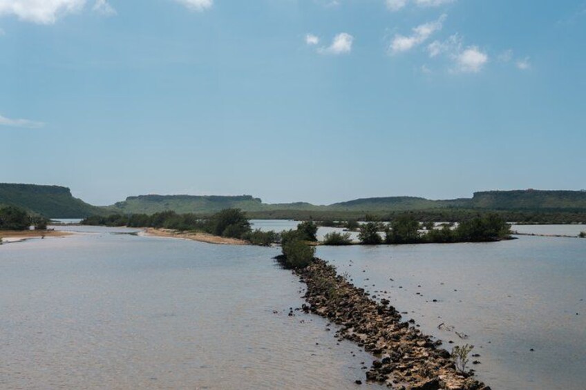 A river with a rocky outcrop, surrounded by greenery and hills. 4