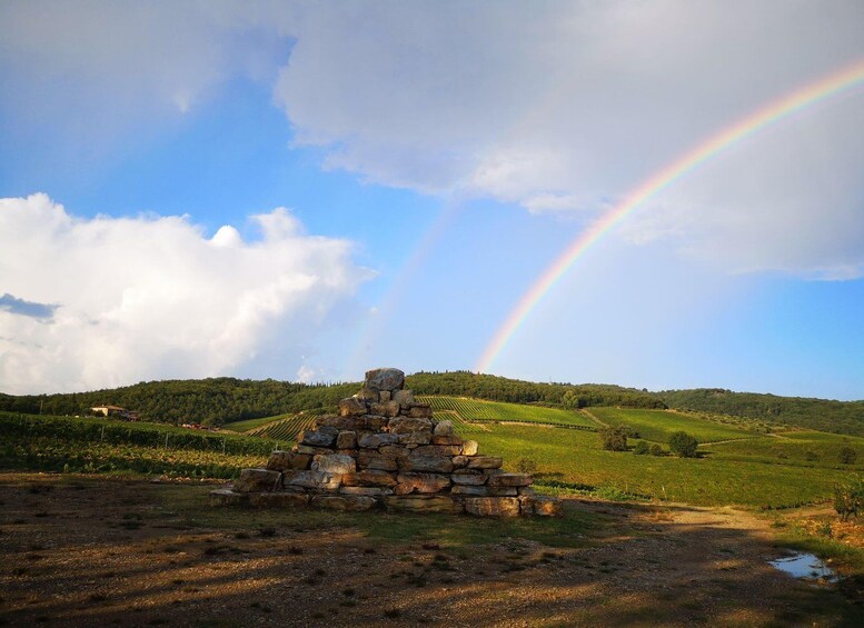 Ein Steingebäude in einer hügeligen Landschaft, mit einem Regenbogen am Himmel. 4