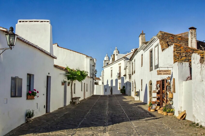 A cobblestone street lined with white buildings, some with balconies and hanging plants. 2