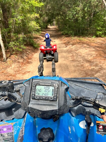 A red ATV on a dirt path surrounded by trees. 2