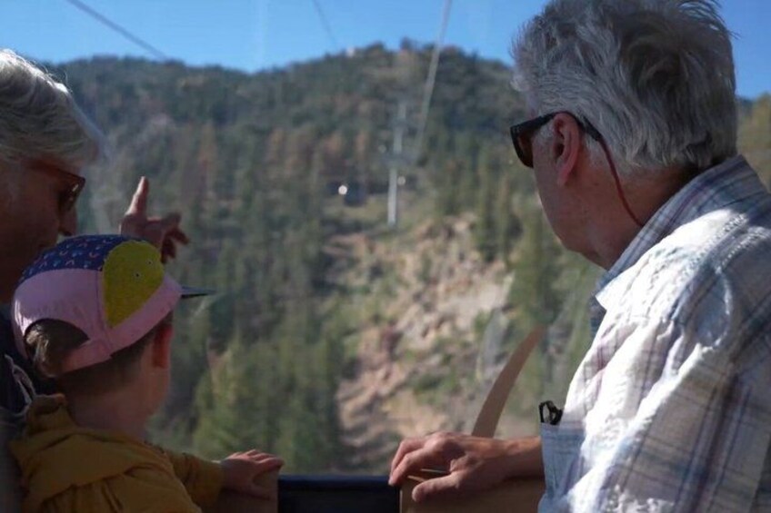A person in a plaid shirt and a child in a yellow outfit, both seated in a vehicle with a mountainous landscape in the background. 4