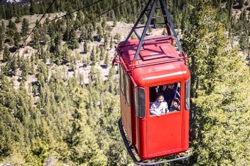 A red cable car suspended by cables, with passengers inside, against a backdrop of a forested mountainous landscape. 3