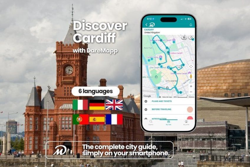 A smartphone displaying a map of Cardiff with landmarks, a clock tower, and a modern building. 1