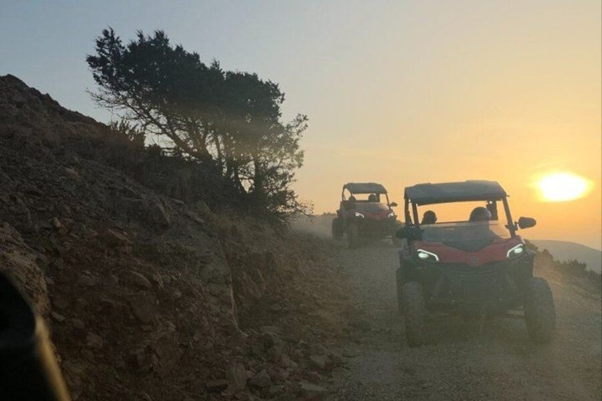 Off-road vehicles on a dirt path with a tree and a sunset in the background. 5
