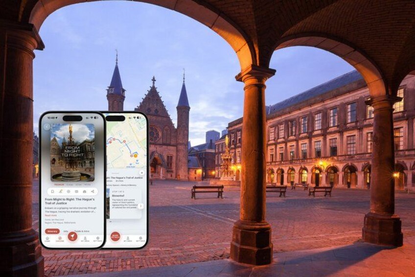 A historical square with a cathedral, a map on a smartphone, and benches. 1