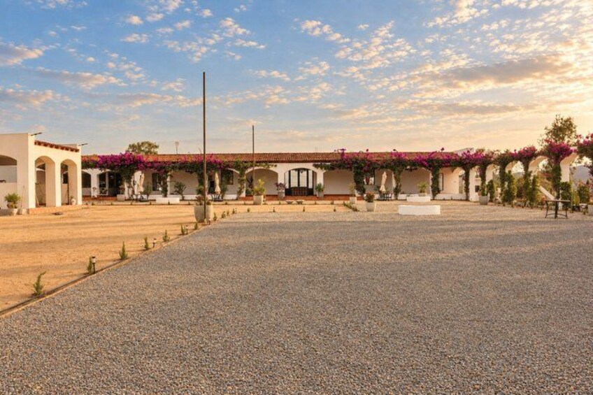 A courtyard with a building featuring arches and a covered walkway with purple flowers. 2