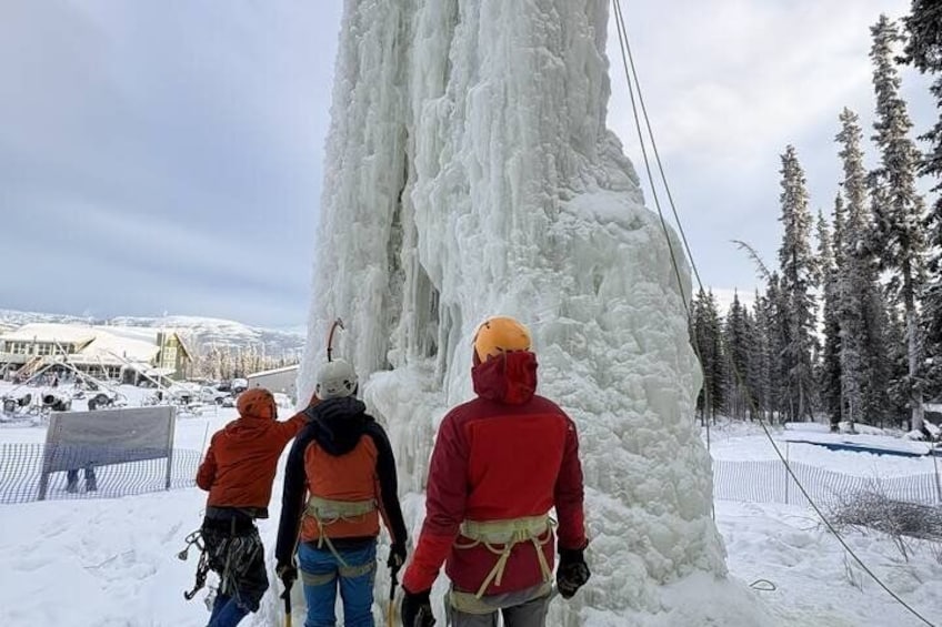 A group of people standing in front of a large ice formation. 3