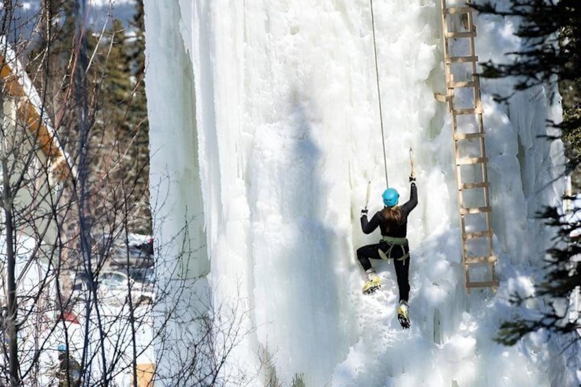 A person ice climbing a large ice wall with a ladder. 1