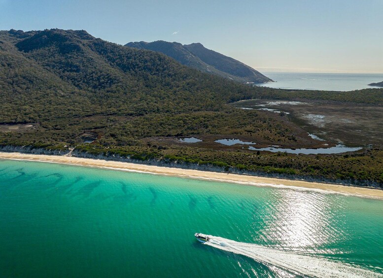 Eine Küstenlandschaft mit Strand, klarem türkisfarbenem Wasser und einem Boot, das eine Bugwelle hinterlässt. 3
