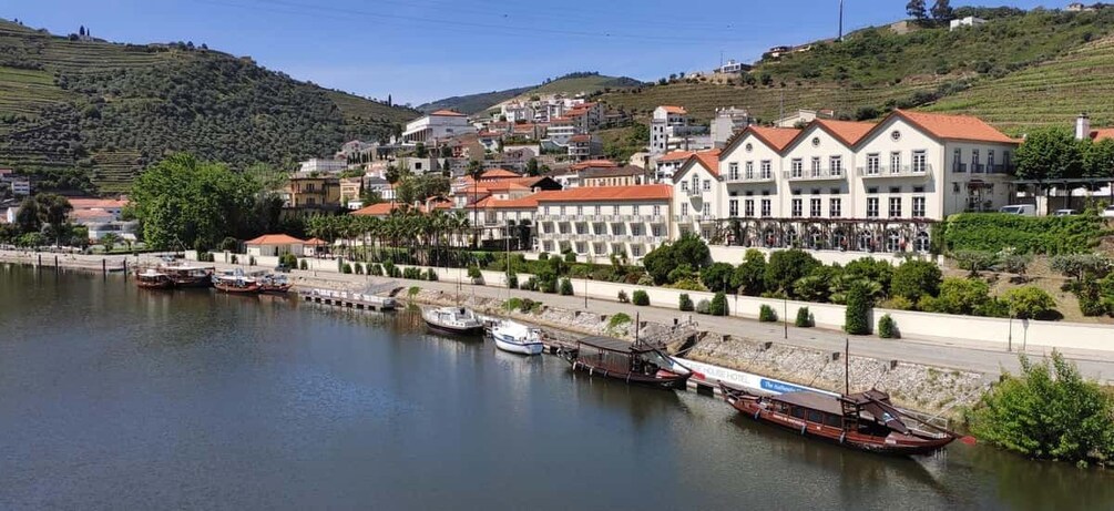 Un pueblo costero con un puerto deportivo, edificios con tejados rojos y colinas al fondo. 5