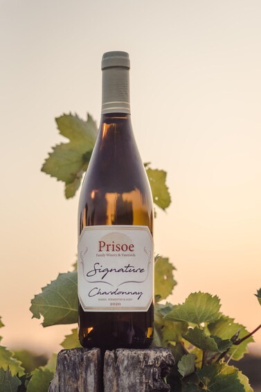 A bottle of Prisoe Signature Chardonnay on a wooden stump with green leaves in the background. 3
