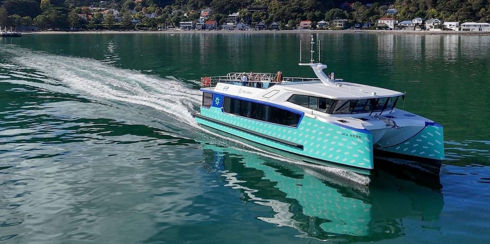 Una embarcación turquesa con la inscripción 'IKA RERE' en el costado, navegando por aguas tranquilas con una orilla de casas y árboles al fondo. 3