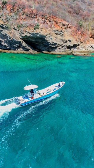 A blue boat with a canopy sailing on clear turquoise water. 1