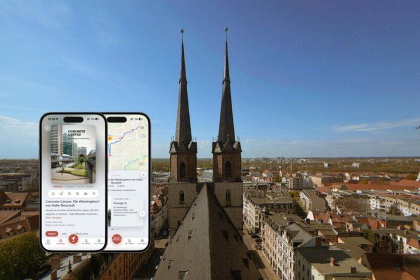A smartphone displaying a map and a view of a city with two prominent church spires. 1