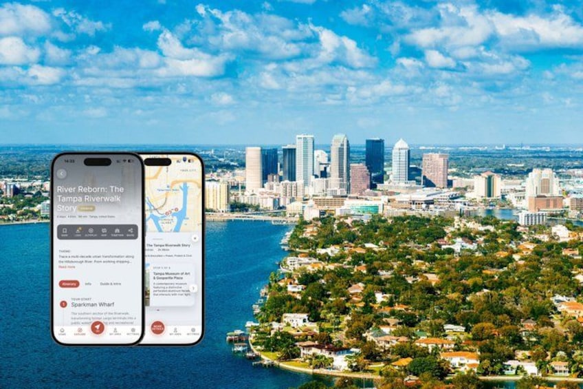 A smartphone displaying a map application with a city skyline and a river in the background. 1