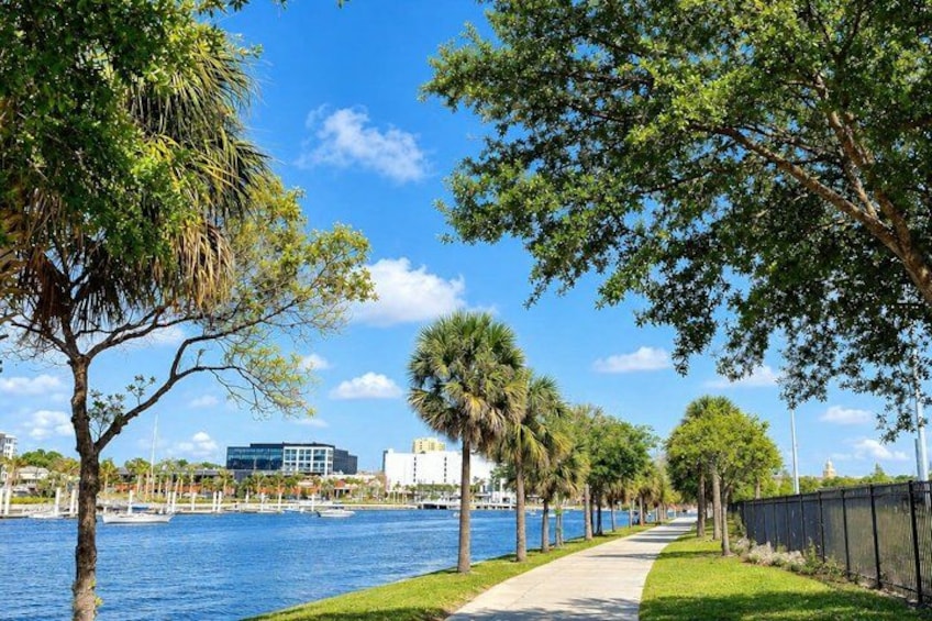 A waterfront walkway lined with trees, a clear blue sky, and a distant view of buildings. 3