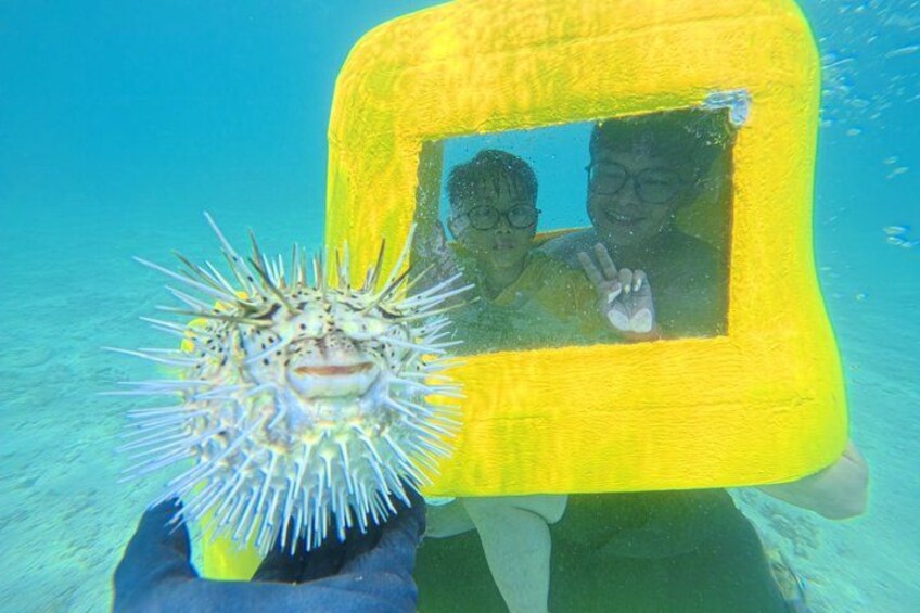 A person in a yellow inflatable structure with a spiny fish-like creature. 3