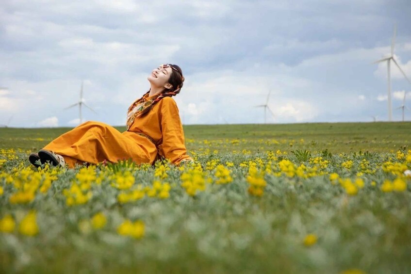 A person sitting on the grass in a field with yellow flowers and wind turbines in the background. 1