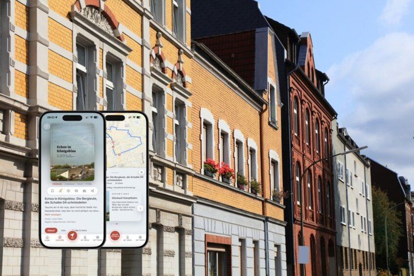 A smartphone displaying a map and text overlay on a building facade. 1