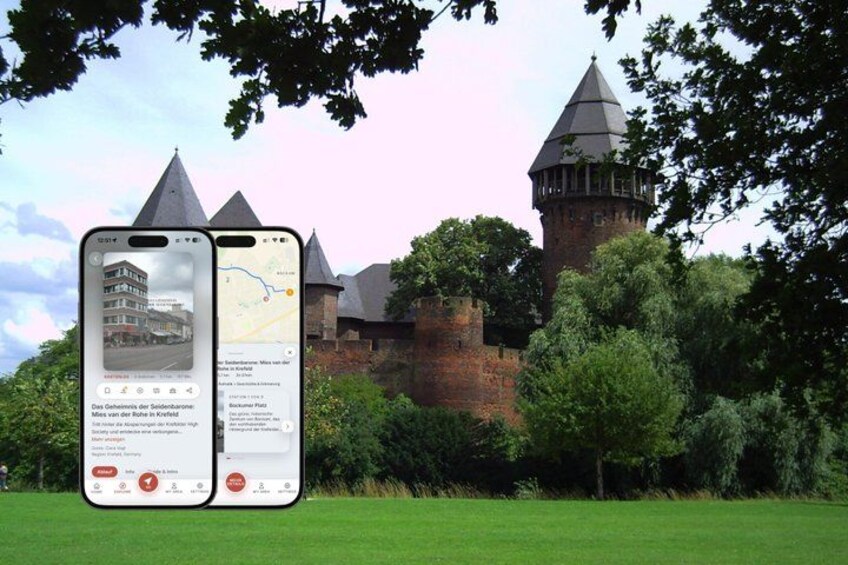 A castle with a tower and a smartphone displaying a map. 1