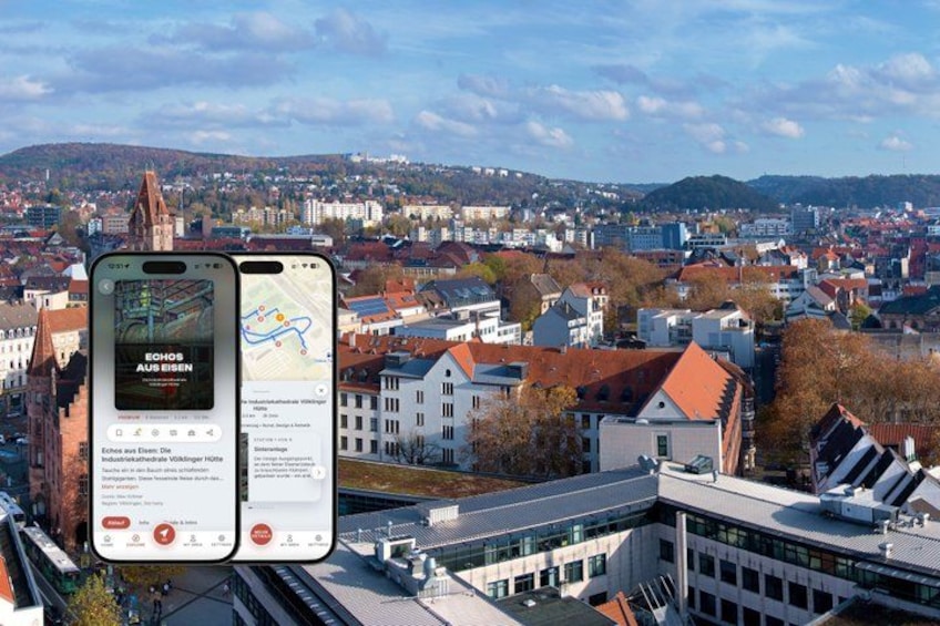 A smartphone displaying a map application with a view of a cityscape in the background. 1