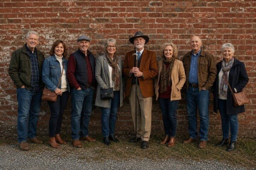 A group of people standing in front of a brick wall. 3