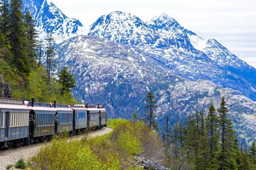 A train on tracks with snow-capped mountains in the background. 1