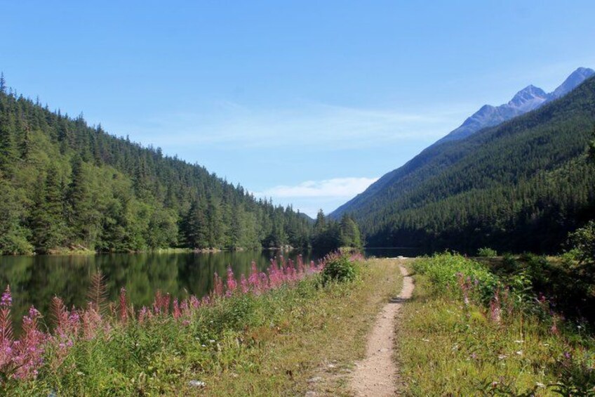 A mountain lake with a forested path and mountains in the background. 5
